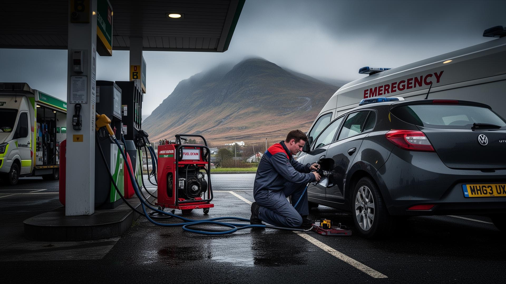 Highland Fuel Drain emergency service engineer draining wrong fuel from a car